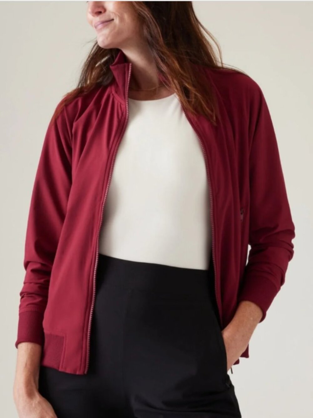 Athleta Brooklyn Bomber Full Zip Jacket Large Coffeeberry Red Stretch